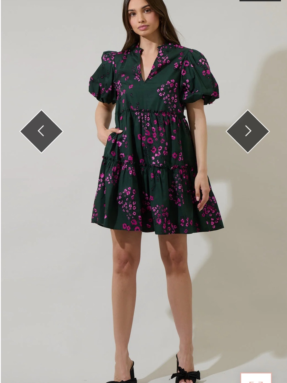 NWT Floral Puff-Sleeve Tiered Mini Dress in Dark Green with Pink Accents